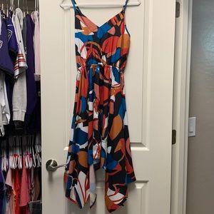 Colorful dress, asymmetrical hem